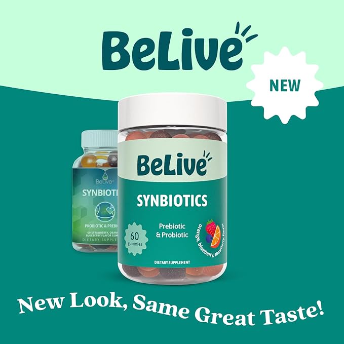 BeLive Synbiotics - Probiotic & Prebiotic Fiber Gummies – High Strength Inulin (3g), Dietary Fiber Supplement, Digestive Support for Kids & Adults - Strawberry, Orange, Blueberry Flavor (60Ct)