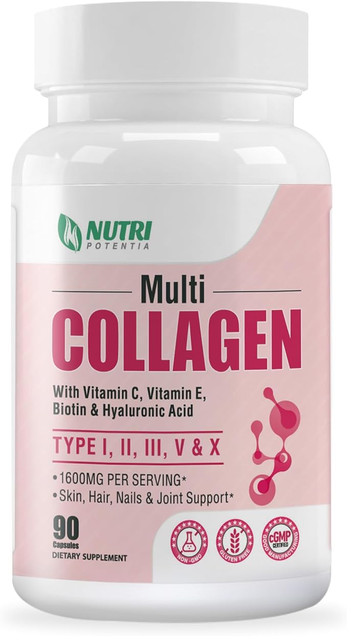 Multi Collagen Peptides Capsules, Type I, II, III, V, X with Vitamin C, E & Hyaluronic Acid | Hair, Skin, Nail & Joint Support | Unflavored, Non-GMO, Easy to Swallow - 90 Count