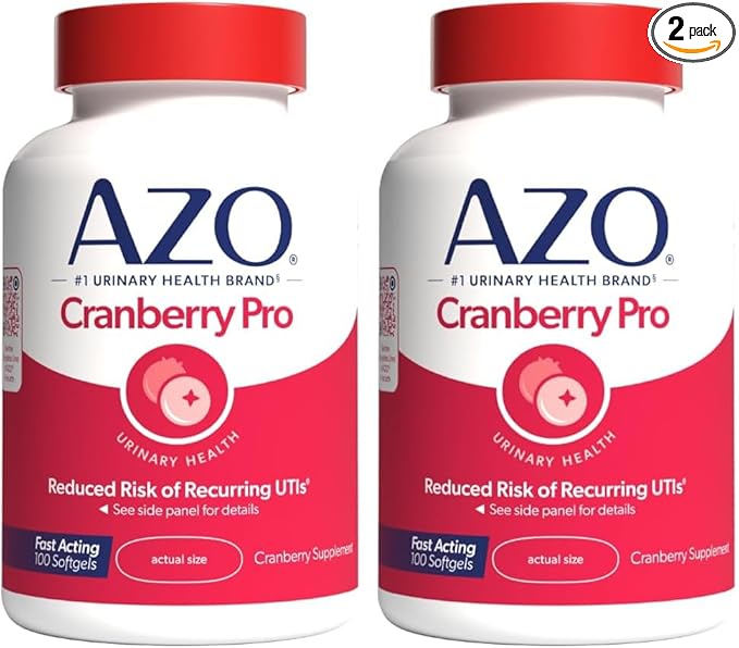 AZO Cranberry Pro Urinary Tract Health Supplement 600mg PACRAN, 1 Serving : More Than 1 Glass of Cranberry Juice, Sugar Free Cranberry Pills, Non-GMO 100 Softgels (Pack of 2)
