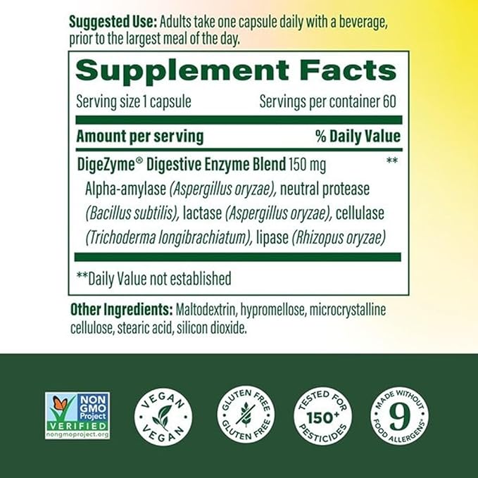MegaFood Dual-Action Digestive Enzymes for Women & Men - Gas & Bloating Relief for Women & Men - Supports Nutrient Absorption & Digestive Health - Vegan, Gluten Free - 60 Capsules, 60 Servings