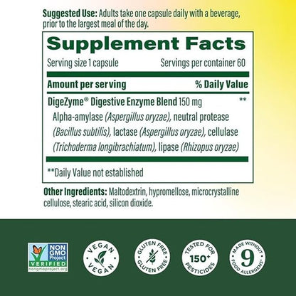 MegaFood Dual-Action Digestive Enzymes for Women & Men - Gas & Bloating Relief for Women & Men - Supports Nutrient Absorption & Digestive Health - Vegan, Gluten Free - 60 Capsules, 60 Servings