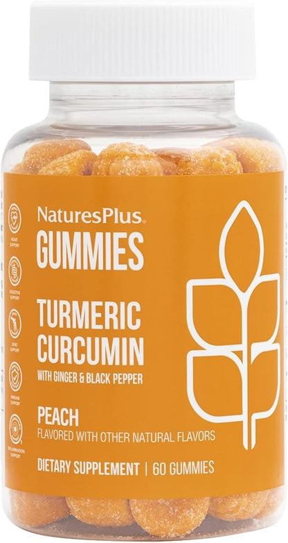 NaturesPlus Gummies Turmeric Curcumin - 60 Gummies, Peach - Supports Joint, Digestive & Cardiovascular Health - Vegan, Gluten Free, Non-GMO - 30 Servings