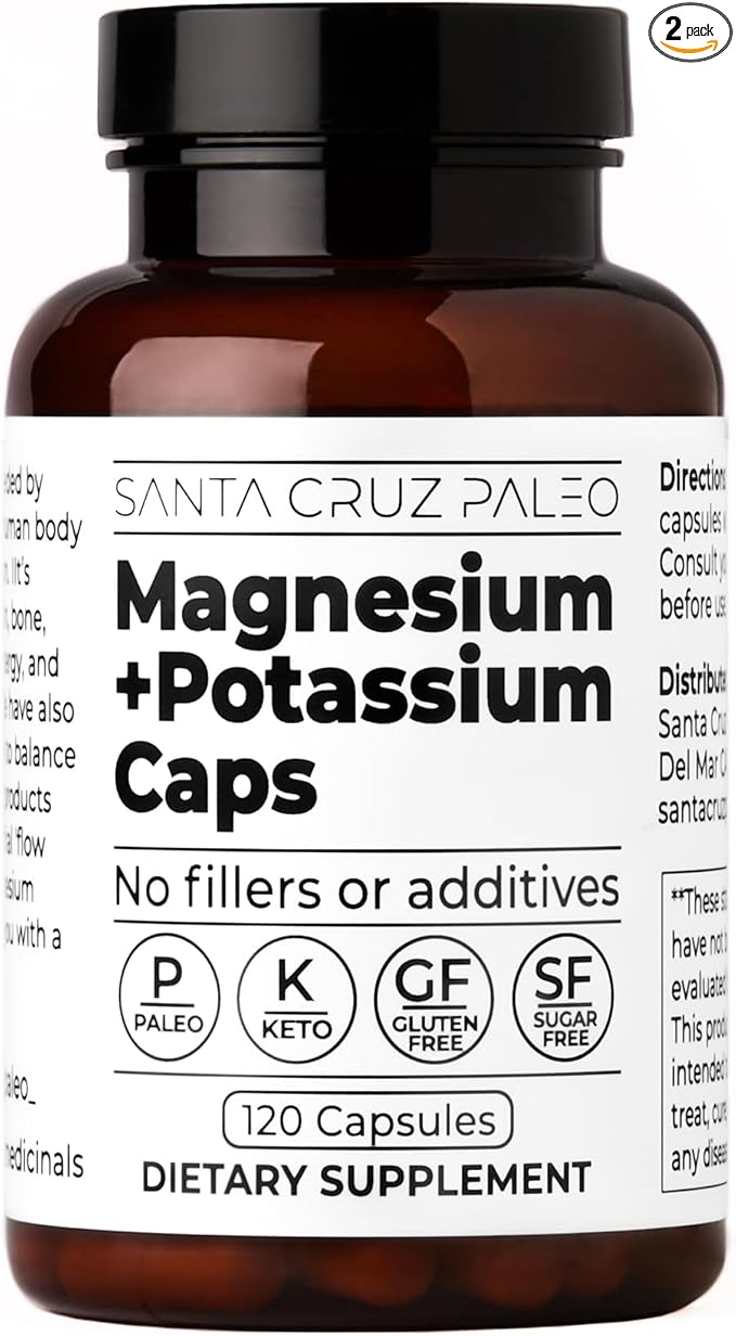 Santa Cruz Paleo Magnesium + Potassium Caps, Supplement for Men and Women, Paleo, Keto, Sugar & Gluten Free, Magnesium Glycinate 166mg and Potassium Citrate 38mg per Serving, American Made, 120 Caps