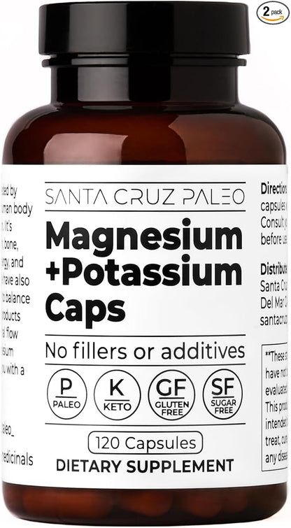 Santa Cruz Paleo Magnesium + Potassium Caps, Supplement for Men and Women, Paleo, Keto, Sugar & Gluten Free, Magnesium Glycinate 166mg and Potassium Citrate 38mg per Serving, American Made, 120 Caps