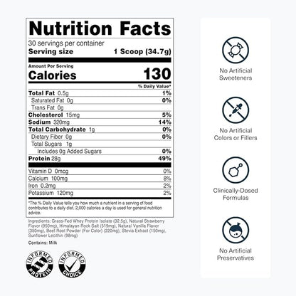 Transparent Labs Grass-Fed Whey Protein Isolate - Natural Flavor, Gluten Free Whey Protein Powder w/ 28g of Protein per Serving & 9 Essential Amino Acids - 30 Servings, Strawberry Milkshake