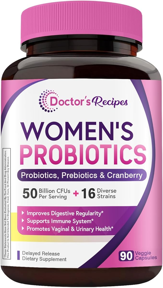 Doctor's Recipes Women's Probiotic, 90 Caps 50 Billion CFU 16 Strains, with Organic Cranberry, Digestive Immune Vaginal & Urinary Health, Shelf Stable, Delayed Release, No Soy Gluten Dairy