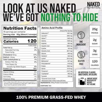 NAKED Whey 5LB 100% Grass Fed Unflavored Whey Protein Powder - Only 1 Ingredient, NSF Certified, Undenatured, Gluten Free, Soy Free, Promote Muscle Growth and Recovery - 76 Servings