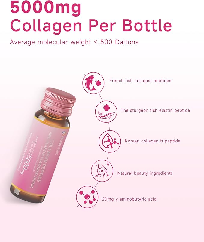 Ageless Beauty Marine Collagen Drink, Liquid Collagen for women with 5,000mg Franch Hydrolyzed Collagen, Korean Collagen Tripeptide, Skipjack Elastin Peptide, Supports Skin, Less Wrinkles, 0 Additives
