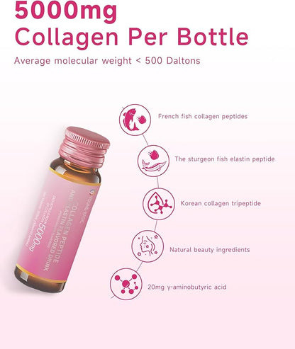 Ageless Beauty Marine Collagen Drink, Liquid Collagen from Franch with 5,000mg Hydrolyzed Collagen, Korean Collagen Tripeptide and Skipjack Elastin Peptide, Supports Skin, Less Wrinkles (2 Pack)