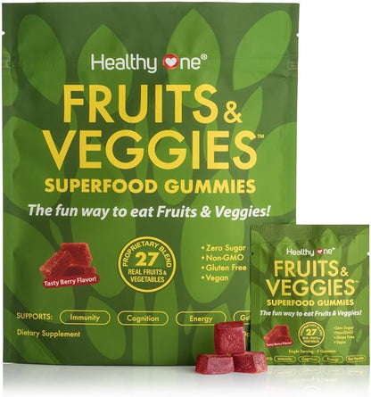 Fruits & Veggies Sugar-Free Gummies - 27 Whole Foods - Equals 3 Servings of Fruits & Vegetables - Improve Energy, Focus & Immune Function - Fiber - Antioxidants - Organic Ingredients - 14 Packets