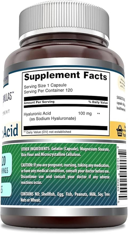 Amazing Formulas Hyaluronic Acid 100 Mg Supplement | Capsules | Non-GMO | Gluten-Free | Made in USA (2 Pack, 120 Count)