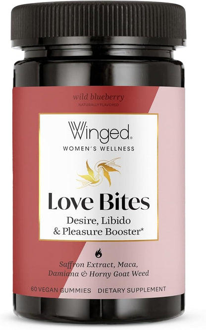 Winged Wellness Love Bites, Libido Booster for Women with Maca Root - Libido & Pleasure Booster with Horny Goat Weed & Damiana - Natural Aphrodisiac Gummy Supplement - Wild Blueberry, 60 Vegan Gummies