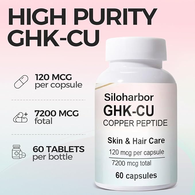 GHK-Cu Copper Peptide Supplement, 120mcg High-Purity Supplement for Skin & Hair, Enteric-Coated for Maximum Absorption, Vegan & Gluten-Free (60 Count)