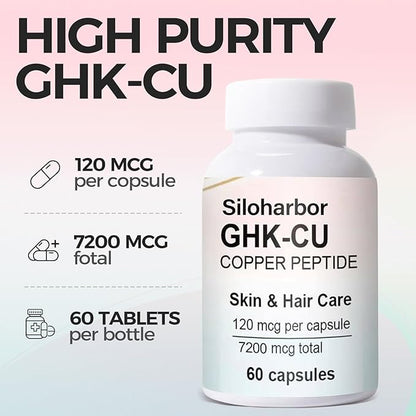 GHK-Cu Copper Peptide Supplement, 120mcg High-Purity Supplement for Skin & Hair, Enteric-Coated for Maximum Absorption, Vegan & Gluten-Free (60 Count)