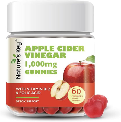 Nature's Key Apple Cider Vinegar Gummies -1000mg 60 Count, for Weight Loss, Digestion, Natural Detox & Cleanse | Vegan, Non-GMO, Gluten Free| with Folic Acid Vitamin B6 B12 Beetroot Pomegranate