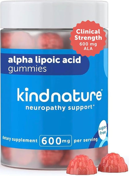 kindnature Alpha Lipoic Acid Gummies 600mg – Neuropathy Supplements – ALA for Nerve Comfort & Antioxidant Support – Sugar-Free, Vegan, Non-GMO – 90 Gummies