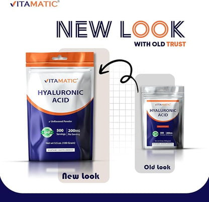 Vitamatic Hyaluronic Acid Powder 200mg - Supports Healthy Connective Tissue and Joints - Promote Youthful Healthy Skin - 100 Gram