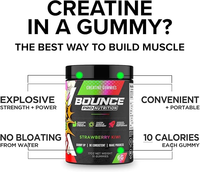 Bounce Pro Creatine Monohydrate Gummies for Men & Women, Low Calorie, 6G of Creatine per Serving, Vegan, Anti-Melting, Gluten-Free, Non-GMO (51 Count (Pack of 1), Strawberry Kiwi)