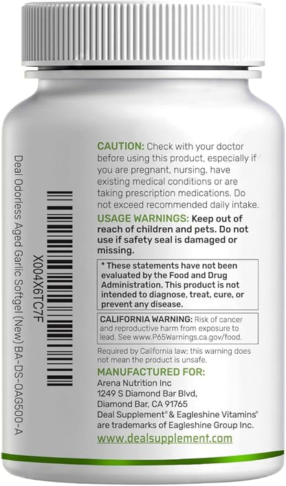 Odorless Aged Garlic, 500 Softgels – Enhanced with MCT Oil - Fresh Allium Sativum Bulb Source – 2-Years Aged Garlic Extract – Non-GMO, cGMP Manufactured