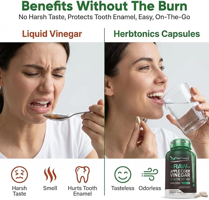 Herbtonics Raw Apple Cider Vinegar Capsules 1500mg with Mother | Weight Management, Detox & Digestion Formula with GLP-1 Support | Unfiltered ACV for Metabolic Support | 240 Vegan Capsules