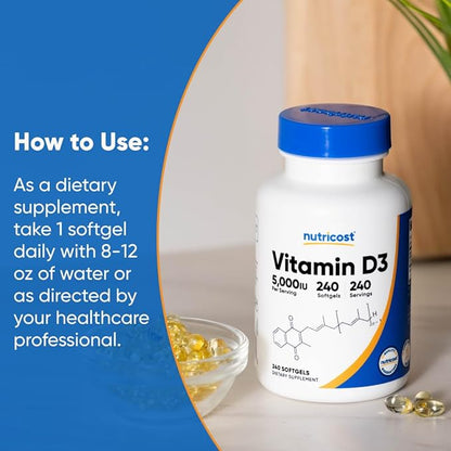 Nutricost Vitamin D3 5,000 IU (125mcg), 240 Softgels - Non-GMO and Gluten Free Vitamin D