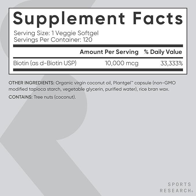 Sports Research® Biotin 10,000mcg with Organic Coconut Oil - Biotin (Vitamin B7) for Healthy Skin and Hair Support* - for Women and Men - Vegan, Non-GMO, Gluten & Soy-Free - 120 Veggie Softgels