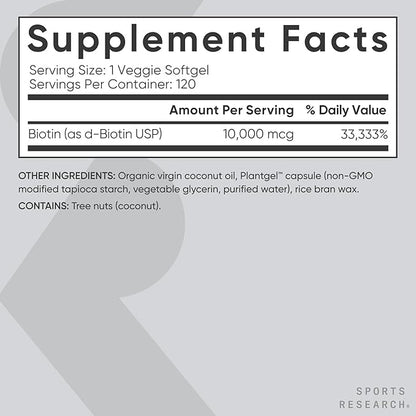 Sports Research® Biotin 10,000mcg with Organic Coconut Oil - Biotin (Vitamin B7) for Healthy Skin and Hair Support* - for Women and Men - Vegan, Non-GMO, Gluten & Soy-Free - 120 Veggie Softgels