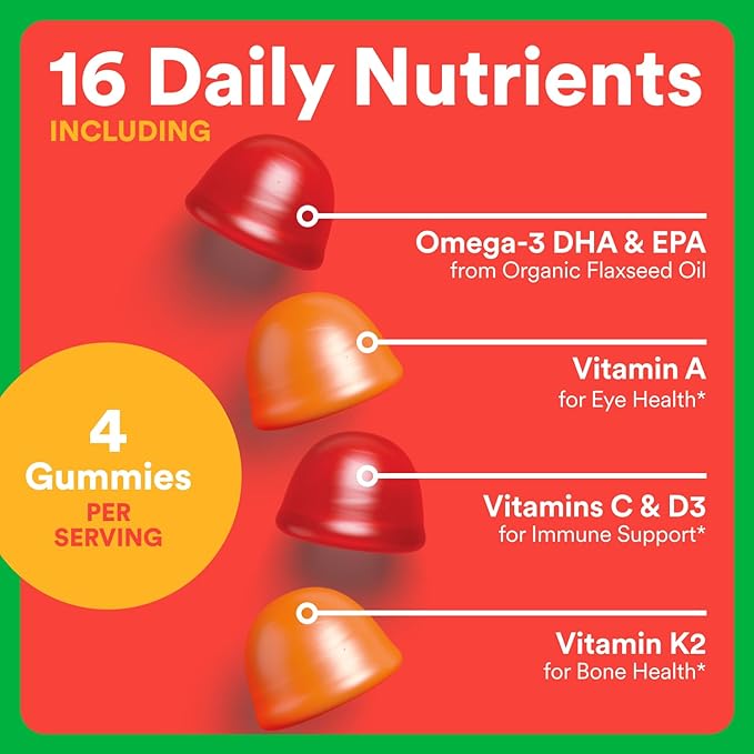 SmartyPants Organic Kids Multivitamin Gummies: Omega 3 (ALA), Beta Carotene, Vitamin B12, B6, A, K & Zinc for Immune Support, Biotin, Vegetarian, Three Fruit Flavors, 120 Count (30 Day Supply)