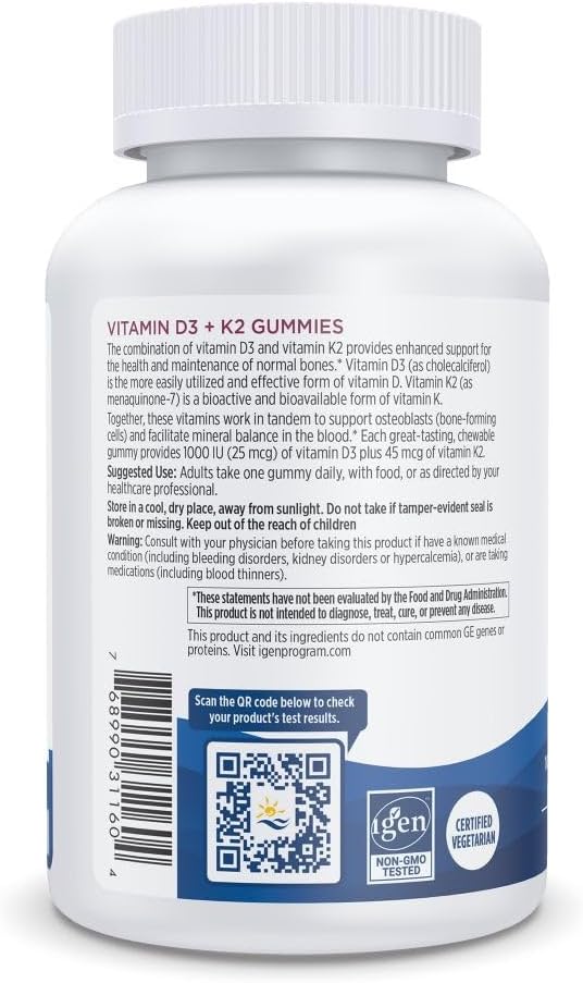Nordic Naturals Vitamin D3 + K2 Gummies, Pomegranate - 60 Gummies - 1000 IU Vitamin D3 + 45 mcg K2 - Great Taste - Bone Health, Promotes Healthy Muscle Function - Non-GMO - 60 Servings