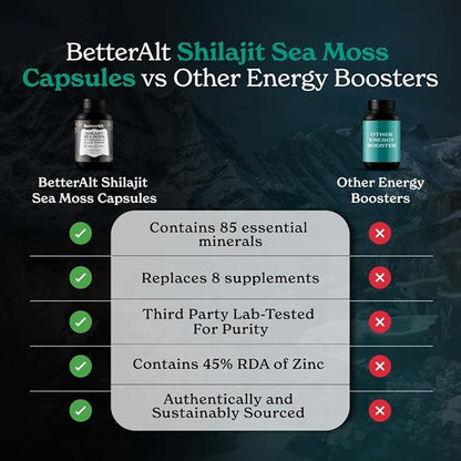 Better Alt Shilajit Sea Moss Capsules Pack of 2 with Ashwagandha & Black Pepper Extract with 85+ Essential Minerals & Antioxidants| Boosts Energy & Metabolism - 120 Servings, 240 Capsules