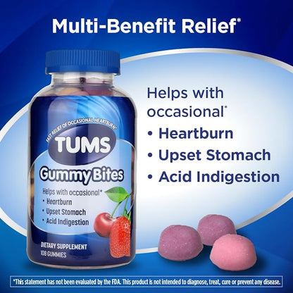 TUMS Gummy Bites Dietary Supplement for Occasional Heartburn Relief, Upset Stomach and Acid Indigestion, Great for a Summer BBQ - Cherry Berry Burst - 108 Count (Pack of 2)