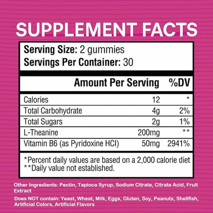 L-Theanine Gummies 200mg – L Theanine Supplement Chewable Gummy – Ltheanine/L’theanine 200mg – Focus and Calm Vitamins Supplement for Kids and Adults