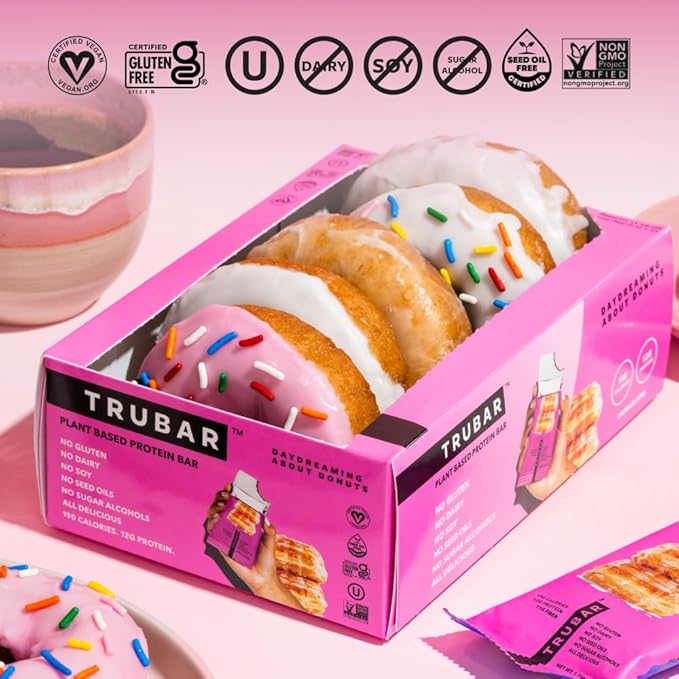 TRUBAR Vegan Protein Bar, Daydreaming About Donuts, Gluten Free, Plant Based, High Fiber, Dairy Free, Non GMO, Low Fat, No Sugar Alcohols, 12G Lean Protein, 13G Fiber, Healthy Snack Bars, 12 CT