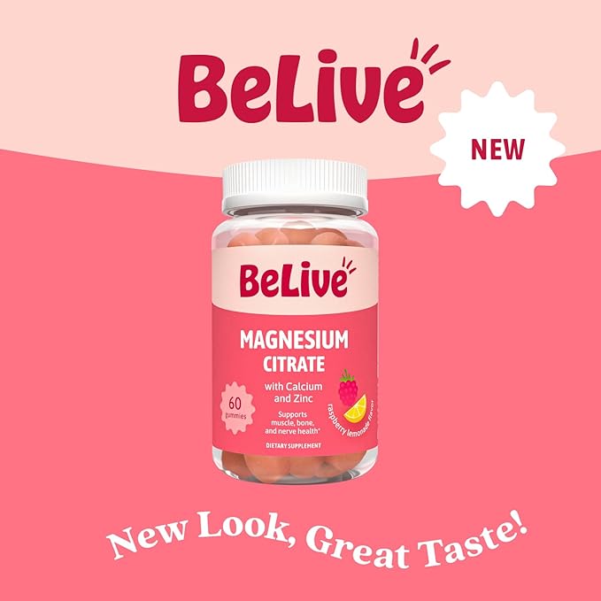 BeLive Magnesium Citrate Gummies with Calcium and Zinc for Adults and Kids - High Absorption Magnesium Supplement for Cognitive, Bone, Muscle and Nerve Health - Raspberry Lemonade - 60 Count