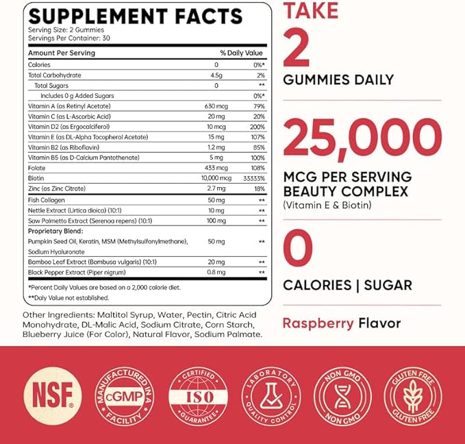 Venture Pal Biotin Gummies with Collagen & Keratin - Hair Growth Support Skin and Nail Strength Vitamins for Women & Men - Biotin 10000mcg | B-Complex | Saw Palmetto - Sugar Free, Non-GMO, 60ct