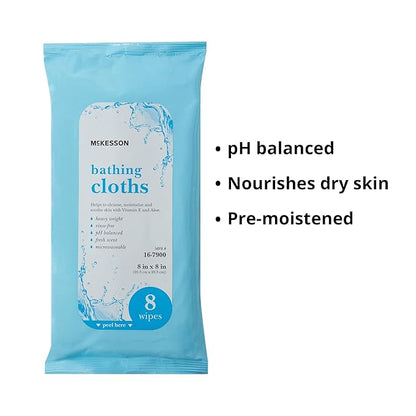 McKesson Bathing Cloth with Aloe & Vitamin E [8 Wipes] No Rinse Shower & Bathing Body Wipes for Adults & Elderly, Disposable Washcloths, pH Balanced, Fresh Scent