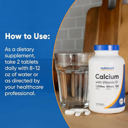 Nutricost Calcium with Vitamin D, 240 Tablets - Calcium (1200mg) Vitamin D (50mcg) Per Serving - Non-GMO, Gluten Free (Pack of 2)