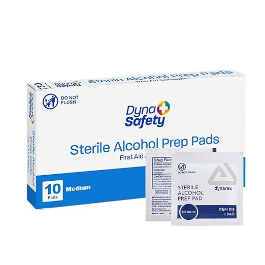 Dynarex DynaSafety Sterile Alcohol Prep Pads - Medium - 70% Isopropyl Alcohol, Individually Wrapped, Soft Cleaning Wipes - Box of 10