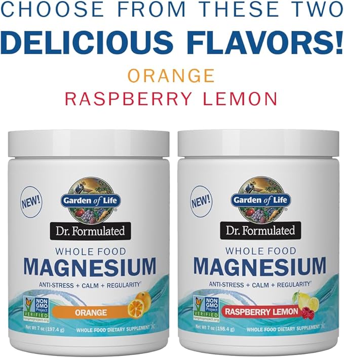 Garden of Life Dr. Formulated Whole Food Magnesium Powder with Probiotics – Stress & Sleep Support, Non-GMO, Gluten-Free, Vegan, Raspberry Lemon Flavor, 40 Servings