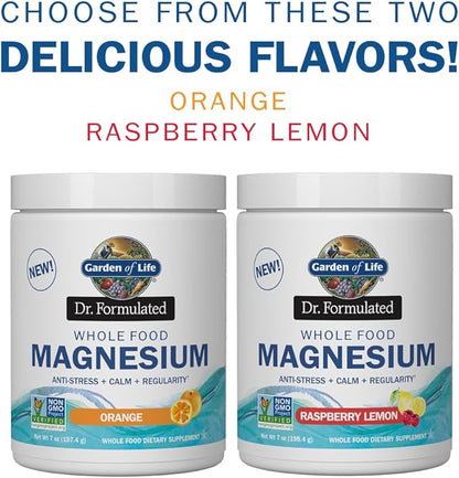 Garden of Life Dr. Formulated Whole Food Magnesium Powder with Probiotics – Stress & Sleep Support, Non-GMO, Gluten-Free, Vegan, Raspberry Lemon Flavor, 40 Servings