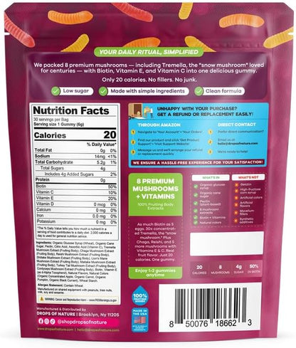 Drops Of Nature Mushroom Beauty Biotin Gummies – Tremella Lions Mane VIT C VIT E – 11-in-1 Mushroom Superfood Blend – Vegan Hair Skin and Nails for Women (Mixed Fruits, 30 Gummies)