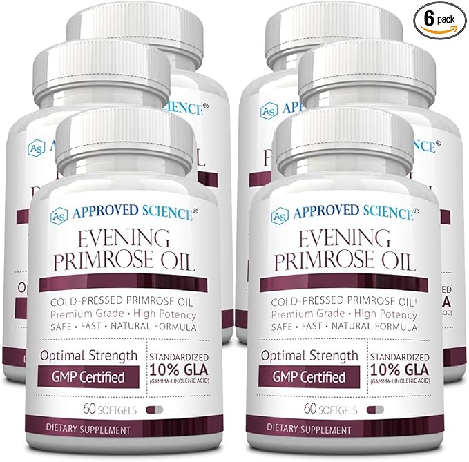 Approved Science Evening Primrose Oil - Maximum Strength - Cold Pressed - 10% GLA - Hormonal Balance, Skin and Heart Health - 6 Month Supply - All Natural