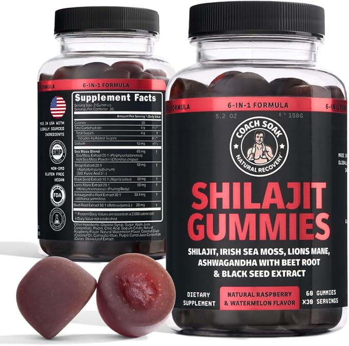 Coach Soak Shilajit Gummies 6-in-1: Tasty Raspberry Watermelon Flavor with Ashwagandha, Lion’s Mane, Irish Sea Moss, Beet Root & Black Seed Oil - Lab Tested Pure Shilajit for Men and Women | 120 ct