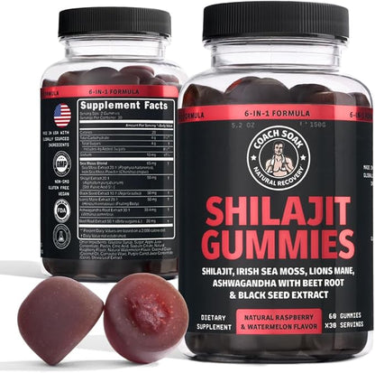 Coach Soak Shilajit Gummies 6-in-1: Tasty Raspberry Watermelon Flavor with Ashwagandha, Lion’s Mane, Irish Sea Moss, Beet Root & Black Seed Oil - Lab Tested Pure Shilajit for Men and Women | 60 ct