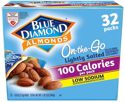 Blue Diamond Almonds Low Sodium Lightly Salted Snack Nuts, 100 Calorie Packs, 0.6 Ounce (Pack of 32)