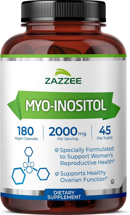 Zazzee Myo-Inositol Capsules, 2000 mg per Serving, 180 Vegan Capsules, Ideal Dosage for 40:1 Ratio, Certified Kosher, Hormone Balance & Healthy Ovarian Function Support, Non-GMO, Made in the USA