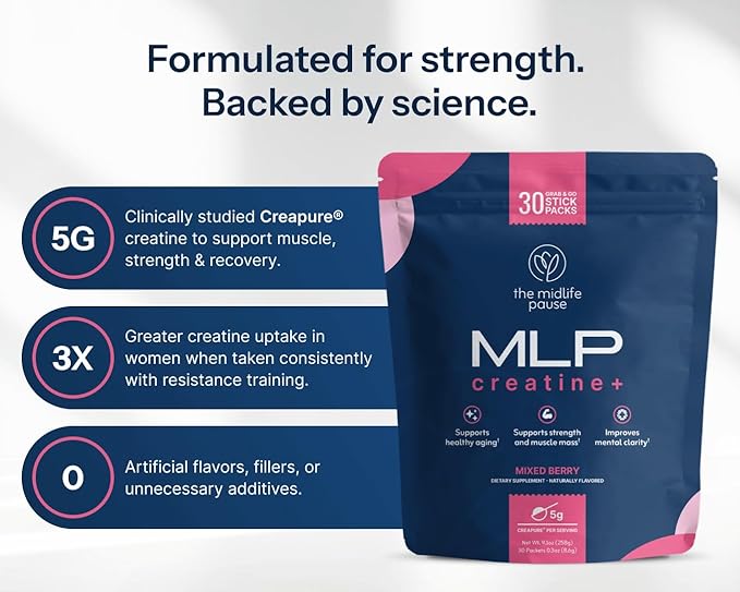 Midlife Pause MLP Creatine +, Creapure Creatine Powder, Mixed Berry 30 Servings, Stick Packs, 5g per Serving, Alpha GPC + B Vitamins Supports Strength, Lean Muscle, & Recovery for Women