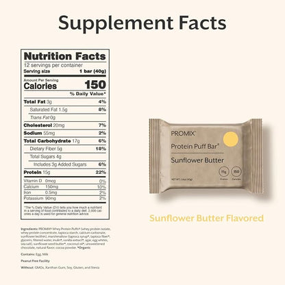 ProMix Nutrition Protein Puff Bars - Sunflower Butter - Marshmallow Crispy Treat - Great Tasting & Healthy On The Go Snack - High Protein & Low Calorie - Free From Gluten, Soy, & Corn - 12 Bars