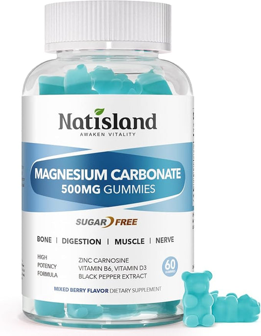 Magnesium Carbonate Gummies 500mg, Chewable Magnesium Supplement for Digestive Support, Muscle & Nerve Health, with Zinc, B6 & D3, Sugar Free, Vegan, Mixed Berry Flavor, 60 Counts