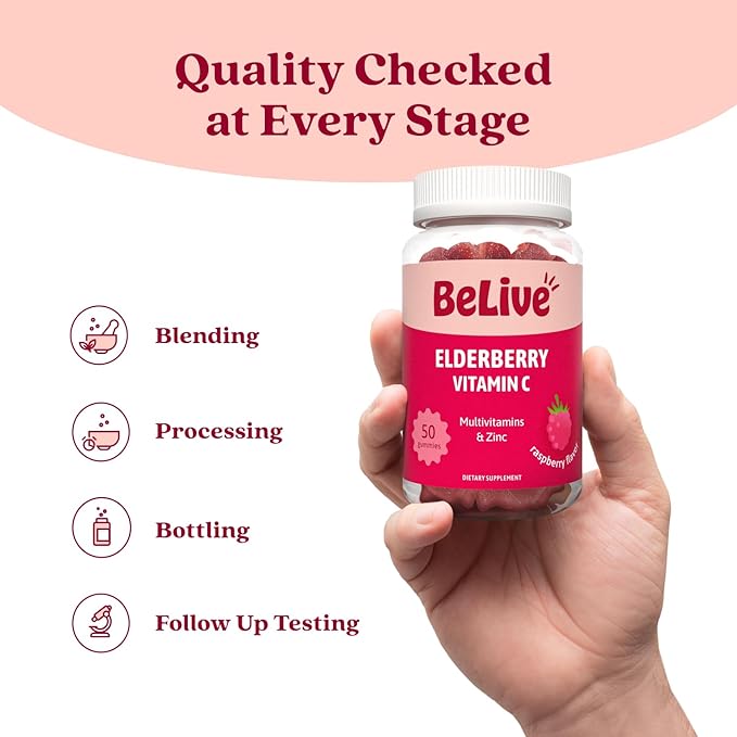 BeLive Elderberry Gummies with Zinc and Vitamin C - Immune Support Supplement with Vitamin D, A, E, B12 - Gummies for Healthy Bones & Teeth, Vegan, Keto & Non-GMO - Raspberry Flavor | 3-Pack
